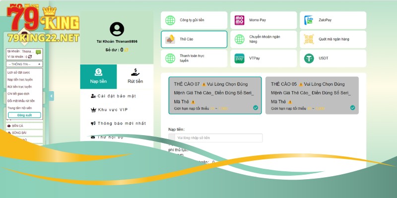 Thao tác nạp tiền 79King với thẻ cào điện thoại